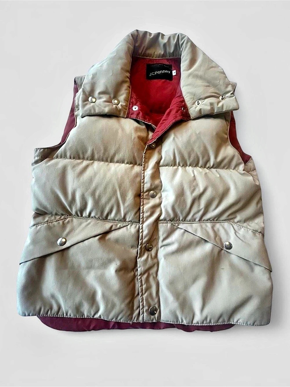 Vintage 70s JCPenney Down Puffer Vest Tan Red Retro Gorpcore Mens Size Small Goo